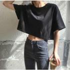 Plain Loose-fit Short-sleeve T-shirt Black - One Size