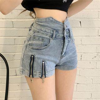 High Waist Zip Denim Hot Pants