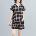 Set: Short-sleeve V-neck Plaid Top + Wide-leg Shorts