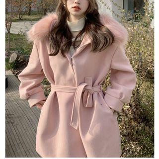 Fluffy Hooded Jacket Choker-neck Ribbed Knit Top / Mini Knit Dress / Scarf / Jacket