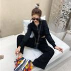 Set: Hooded Zip Cropped Jacket + Drawstring Wide-leg Pants