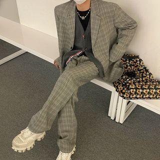 Set: Plaid Blazer + Wide-leg Dress Pants