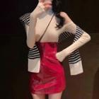 Striped Knit Shawl / Cold-shoulder T-shirt / Patent Pencil Skirt