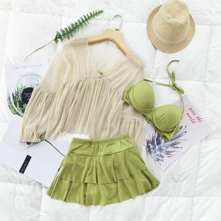 Set: Strappy Bikini Top + Swim Skirt+ Cover Up Top