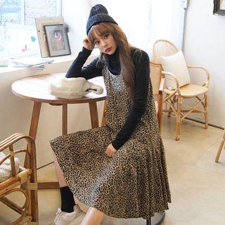 Flared Leopard Midi Pinafore Dress