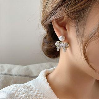 Faux Pearl Rhinestone Bow Dangle Earring 1 Pair - Silver Needle - Silver - One Size