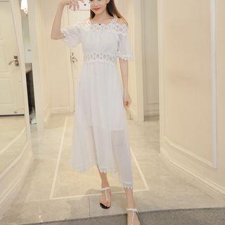 Lace Trim Off-shoulder Short-sleeve Midi Dress