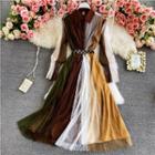 Long Sleeve Color Block Mesh Panel Dress