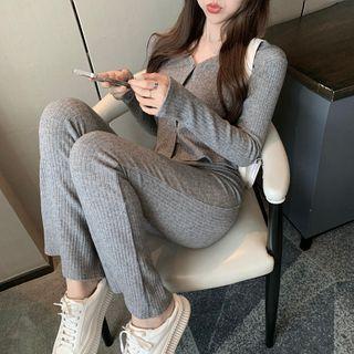 Set: V-neck Cropped Cardigan + High-waist Boot-cut Pants