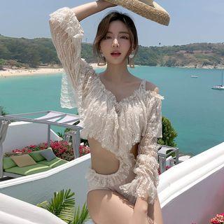 Long-sleeve Cold Shoulder Ruffled Lace Cutout Swimsuit
