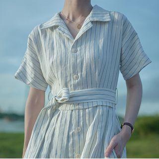 Elbow-sleeve Notch Lapel Striped Midi A-line Dress