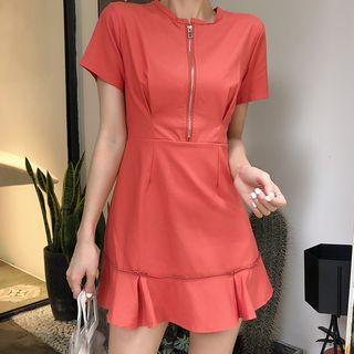 Short-sleeve Front-zip Mini A-line Dress