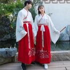Long-sleeve Embroidered Top / Midi A-line Skirt / Long Coat / Hair Tie / Hanfu Set
