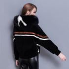 Striped Fluffy Collar Zip Jacket