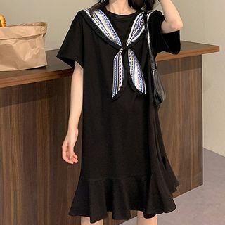 Mock Two-piece Elbow-sleeve Midi A-line Dress / Elbow-sleeve T-shirt