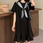 Mock Two-piece Elbow-sleeve Midi A-line Dress / Elbow-sleeve T-shirt