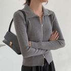Long Sleeve V-neck Zip Crop Knit Top