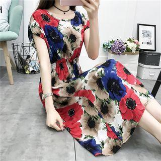 Printed Cap-sleeve Midi A-line Dress