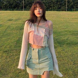 Long-sleeve Paneled T-shirt Almond - One Size