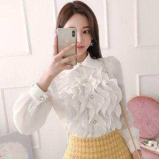 Rhinestone-button Frilly Blouse