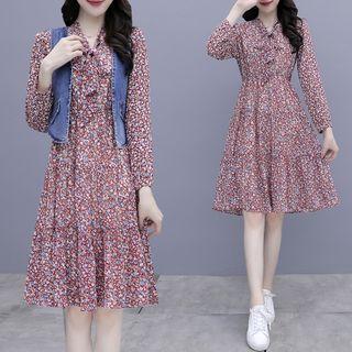 Set: Long-sleeve Tie-neck A-line Dress + Cropped Denim Vest