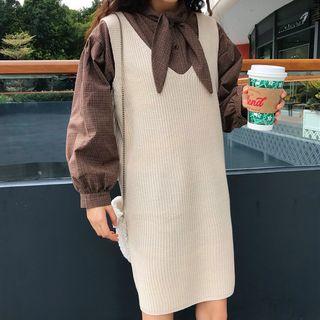 Tie-neck Plaid Blouse/ Knit Pinafore Dress