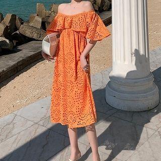 Short-sleeve Floral Print Off-shoulder Midi Dress