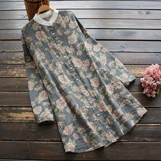 Long-sleeve Floral Print Mini Shirtdress Green - One Size