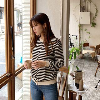 Round-neck Stripe Cardigan Black - One Size