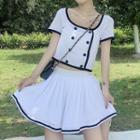 Short-sleeve Double-breasted Top / Mini A-line Skirt