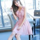 Frill V-neck Gathered-waist Sleeveless A-line Sheath Dress