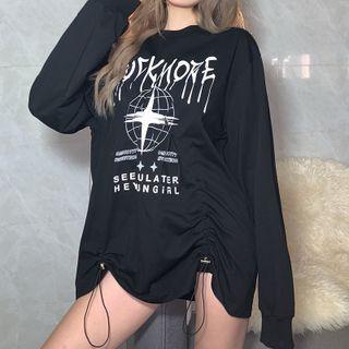 Long Sleeve Lettering Print Side-drawstring Loose-fit Sweatshirt