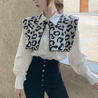 Set: Shirt + Leopard Print Knit Shawl White - One Size