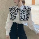 Set: Shirt + Leopard Print Knit Shawl White - One Size
