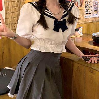 Puff-sleeve Sailor Collar Top / Pleated Mini A-line Skirt