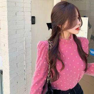 Long-sleeve Mock Two-piece Dotted Mesh Top