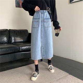 Front Pocket Slit-front Denim Midi Skirt