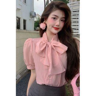 Ribbon-neckline Puff-sleeve Chiffon Shirt Pink - One Size