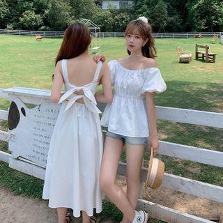 Off-shoulder Shirred Blouse / Wide Strap Midi A-line Dress