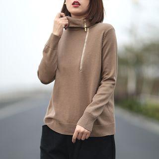 Turtleneck Half-zip Knit Top
