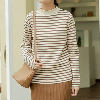 Striped Long-sleeve Knit Top Almond - One Size