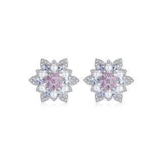 Simple And Elegant Flower Imitation Pearl Stud Earrings With Pink Cubic Zirconia Silver - One Size