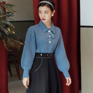 Set: Long-sleeve Collared Knit Top + Midi A-line Skirt