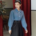 Set: Long-sleeve Collared Knit Top + Midi A-line Skirt