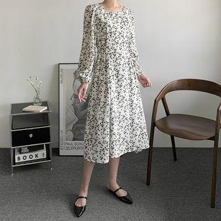 Square-neck Tie-waist Long Floral Dress