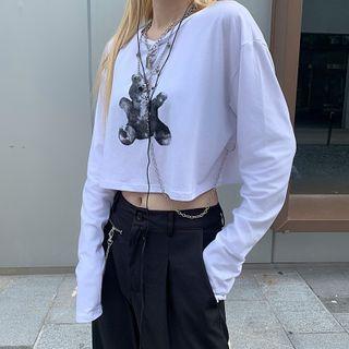 Long-sleeve Bear Print Cropped T-shirt White - One Size