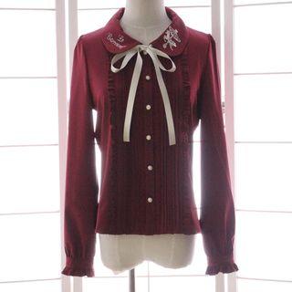 Pintuck Embroidered Long-sleeve Blouse