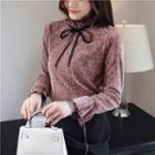 Bell Sleeve Stand Collar Lace-up Velvet Top