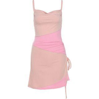Spaghetti Strap Two-tone Drawstring Mini A-line Dress