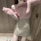Fluffy Sweater / Glitter Mini Fitted Skirt